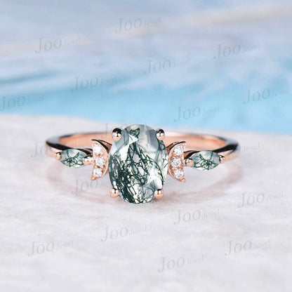 Unique Natural Moss Agate Ring Moon Engagement Ring Vintage 14K Rose Gold 1.5ct Oval Green Moss Agate Promise Ring Celestial Wedding Rings