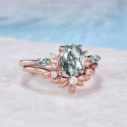 1.5ct Oval Moss Agate Engagement Ring Set 10K Rose Gold Moon Wedding Ring Aquatic Agate Green Promise Ring Leaf Nature Inspired Wedding Band