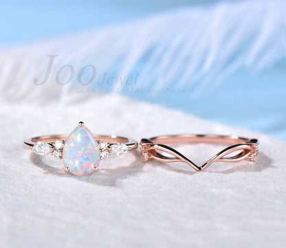 October Birthstone Bridal Set Vintage 10K Rose Gold 1.25CT Pear Shaped White Opal Engagement Ring Set Moissanite Vine Band Anniversary Gift