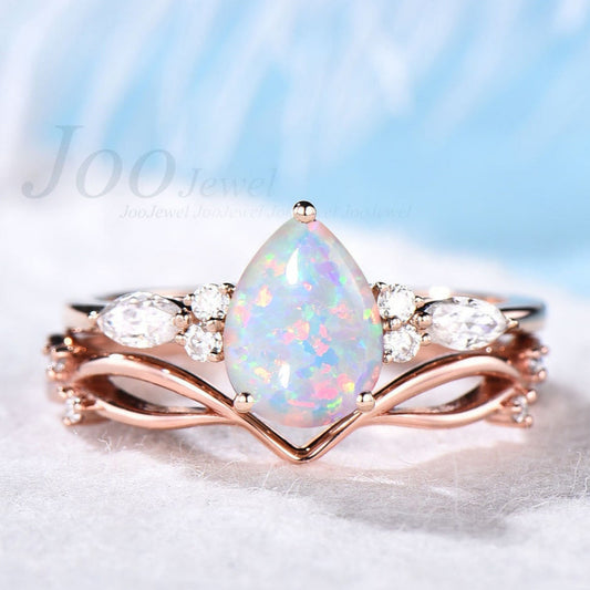 October Birthstone Bridal Set Vintage 10K Rose Gold 1.25CT Pear Shaped White Opal Engagement Ring Set Moissanite Vine Band Anniversary Gift