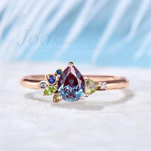 1.25ct Pear Alexandrite Cluster Engagement Rings Personalized Multi-stone Topaz Peridot Blue Sapphire Alexandrite Best Friend/Family Ring