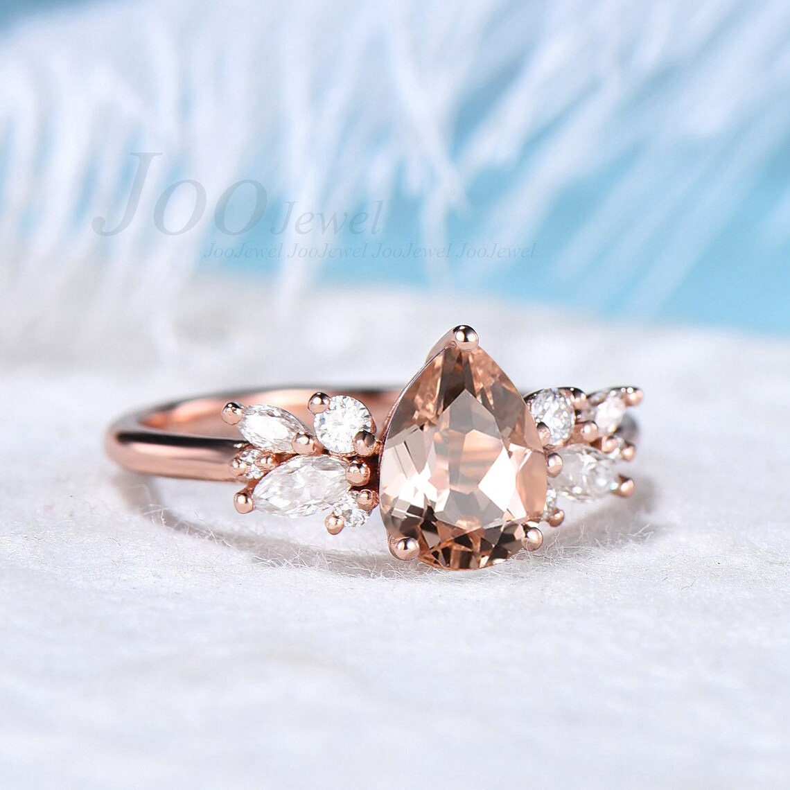 Natural Pink Morganite Engagement Rings Rose Gold 1.25ct Pear Shaped Peach Morganite CZ Wedding Ring Unique Cluster Promise Ring for Women