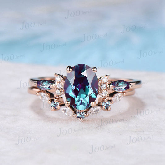 1.5ct Oval Alexandrite Moon Engagement Ring Set 2pcs Rose Gold Celestial Alexandrite Bridal Set Moissanite Alexandrite Curve Wedding Band