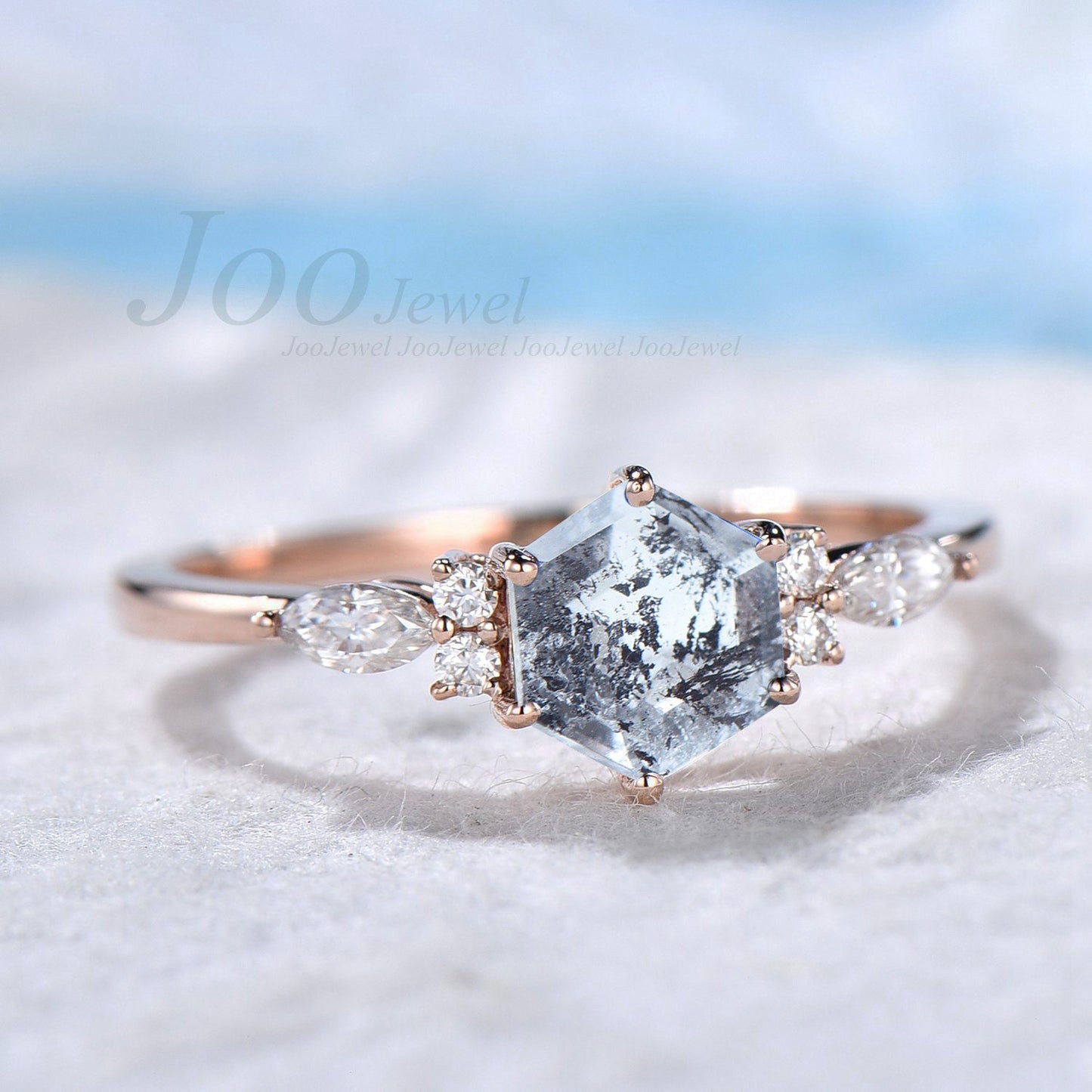 1 Carat Hexagon Cut Natural Herkimer Diamond Engagement Ring Women Vintage Sterling Silver Unique Gray Crystal Jewelry Dainty Platinum Rings