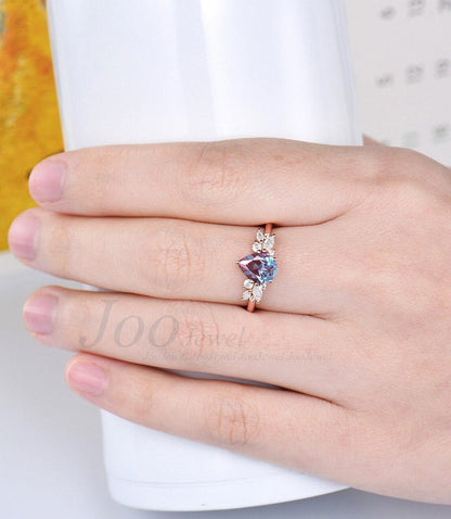 Pear Shaped Alexandrite Engagement Ring 1.25ct Alexandrite Wedding Ring June Birthstone Cluster Alexandrite Ring Anniversary Gift for Women