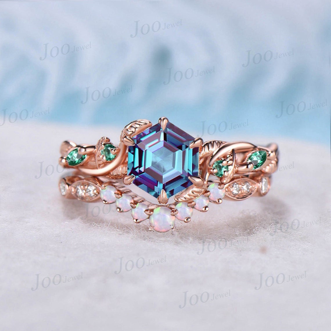 Natural Inspired Leaf Alexandrite Ring Set 10K Rose Gold Twist Vine Engagement Ring Unique Emerald Opal Wedding Ring Set Women Branch Ring