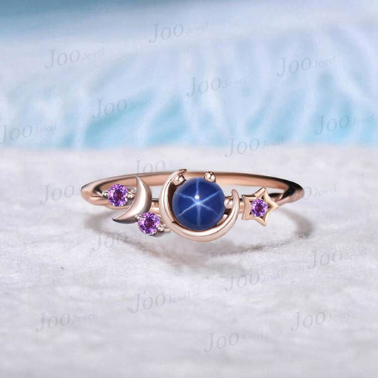 Moon Star Engagement Ring Unique Round Star Sapphire Wedding Rings 10K Rose Gold Purple Amethyst Crystal Celestial Ring Unique Promise Ring