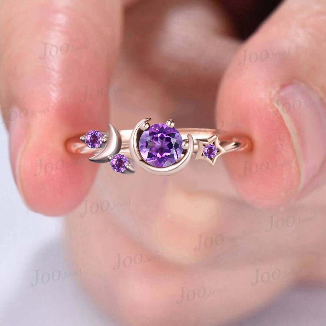 Round Natural Amethyst Wedding Ring Moon Star Cluster Engagement Ring 10K Rose Gold Purple Crystal Celestial Asymmetrical Ring Promise Ring