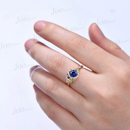 Round Blue Sapphire Engagement Ring Unique Crescent Moon Wedding Ring Personalized Milgrain Multi-Birthstone Peridot Cluster Promise Rings