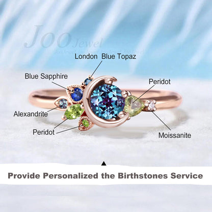 Unique 5mm Round Cut Alexandrite Cluster Wedding Ring Celestial Engagement Rings Custom Multi-Birthstone Personalized Handmade Family Ring