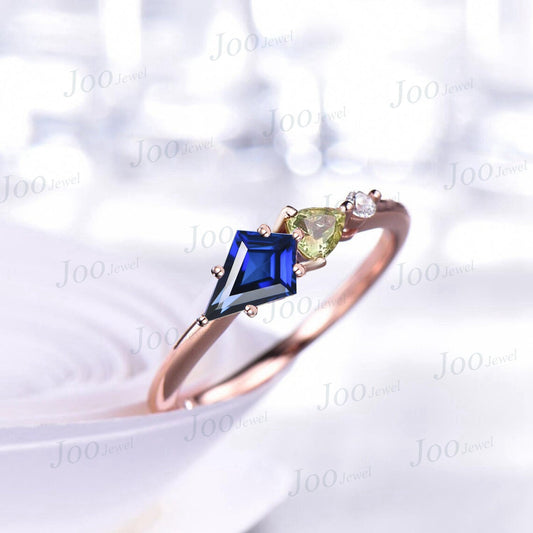 Unique September Birthstone Promise Ring Kite Shaped Blue Sapphire Engagement Rings Peridot Moissanite Three Stone Minimalist Wedding Ring