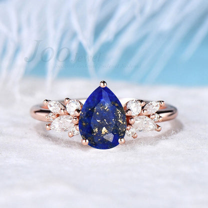 Natural Pear Lapis Lazuli Engagement Ring Sterling Silver Vintage 1.25ct Antique Lapis Gold CZ Diamond Wedding Ring Unique Christmas Gifts