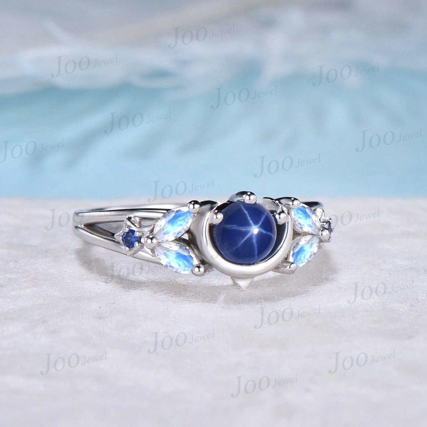 Unique Starry Sky Blue Star Sapphire Engagement Ring Star Moon Wedding Rings Platinum Moonstone Celestial Rings Half Moon Blue Sapphire Ring