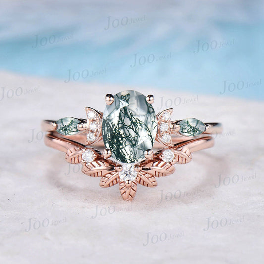 1.5ct Oval Moss Agate Engagement Ring Set 10K Rose Gold Moon Wedding Ring Aquatic Agate Green Promise Ring Leaf Nature Inspired Wedding Band