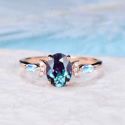 Triple Moon Engagement Ring Unique 10K/14K/18K Rose Gold 1.5ct Oval Cut Alexandrite Promise Ring Moonstone Celestial Guardian Wedding Ring