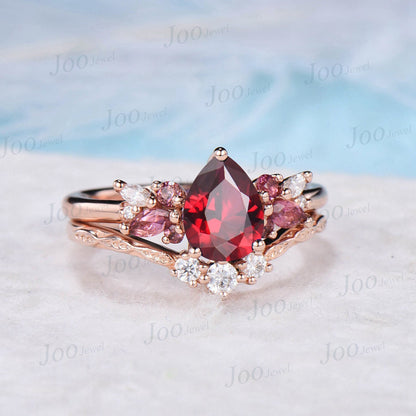 1.25ct Pear Ruby Engagement Ring Set Real Pink Tourmaline Moissanite Cluster Bridal Set Vine Twig Band Anniversary Ring July Birthstone Gift
