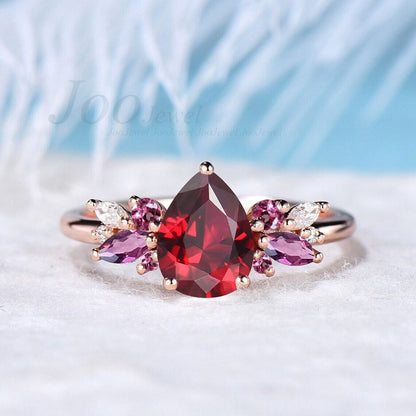 1.25ct Pear Ruby Engagement Ring Set Real Pink Tourmaline Moissanite Cluster Bridal Set Vine Twig Band Anniversary Ring July Birthstone Gift