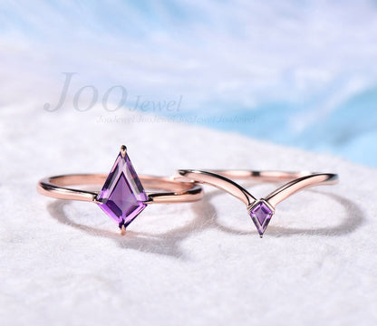 Unique 1CT Kite Cut Purple Engagement Ring Set Natural Amethyst Ring Set Purple Gemstone Ring Set Plain Solitaire Amethyst Bridal Ring Set