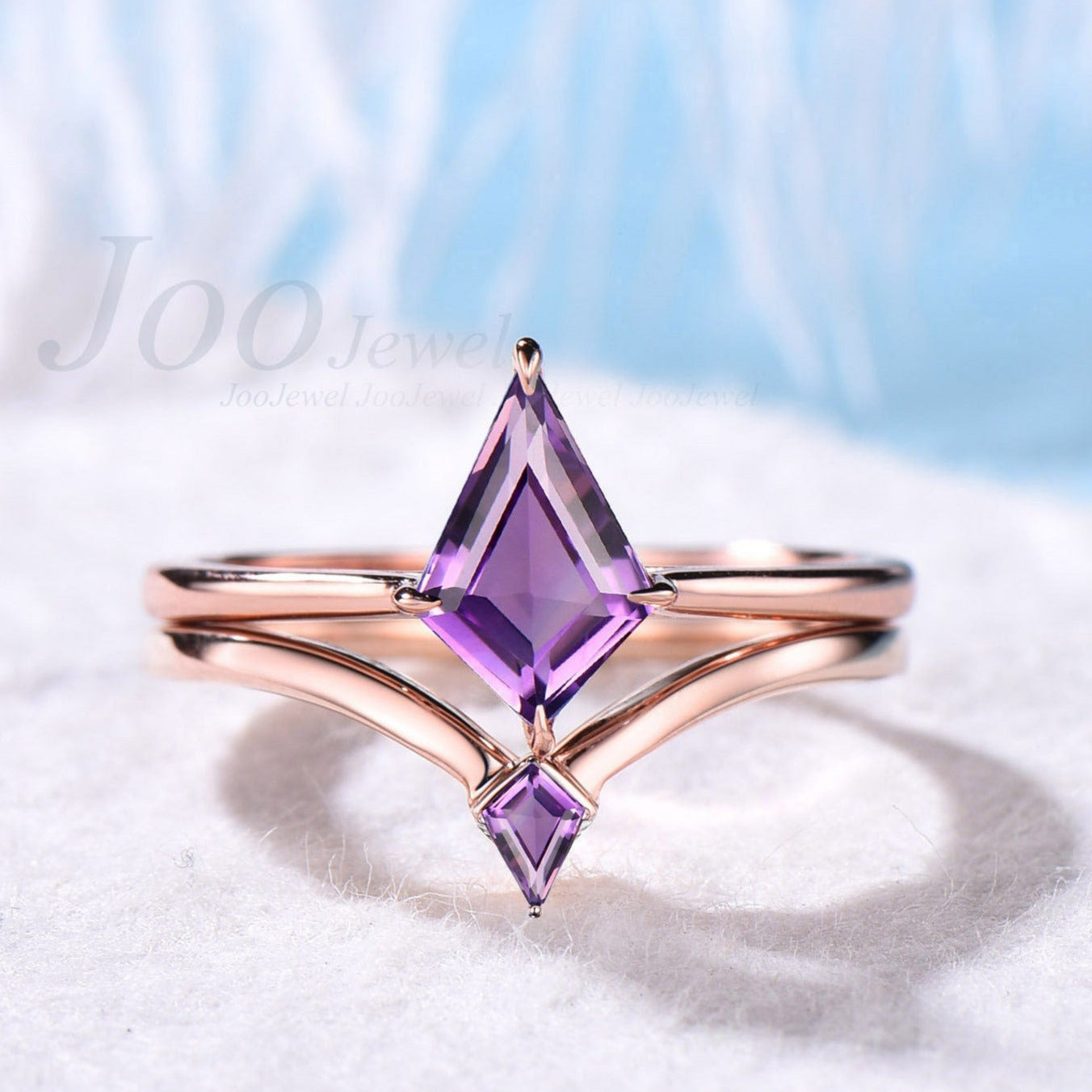 Unique 1CT Kite Cut Purple Engagement Ring Set Natural Amethyst Ring Set Purple Gemstone Ring Set Plain Solitaire Amethyst Bridal Ring Set