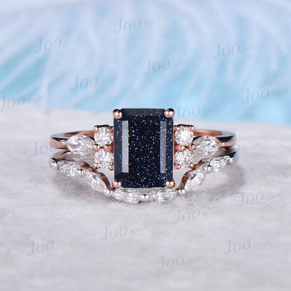 2ct Emerald Cut Galaxy Blue Sandstone Ring Set 10K Rose Gold Blue Gemstone Jewelry Pear Moissanite Curve Band Personalized Promise Gifts