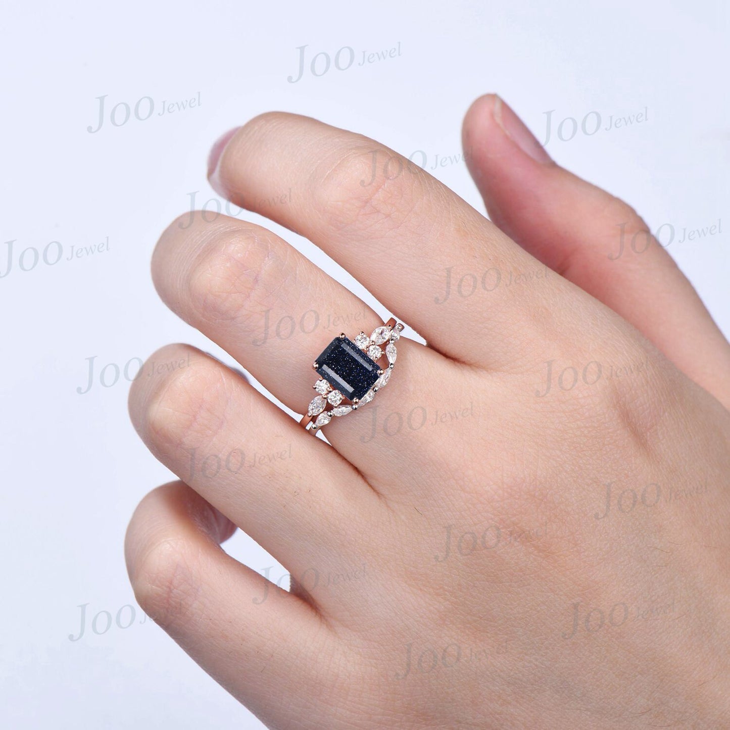 2ct Emerald Cut Galaxy Blue Sandstone Ring Set 10K Rose Gold Blue Gemstone Jewelry Pear Moissanite Curve Band Personalized Promise Gifts