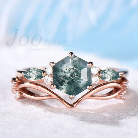 Hexagon Moss Agate Ring Set Green Gemstone Ring 1ct Hexagon Engagement Ring Natural Aquatic Agate Bridal Set Twig Vine Green Wedding Ring