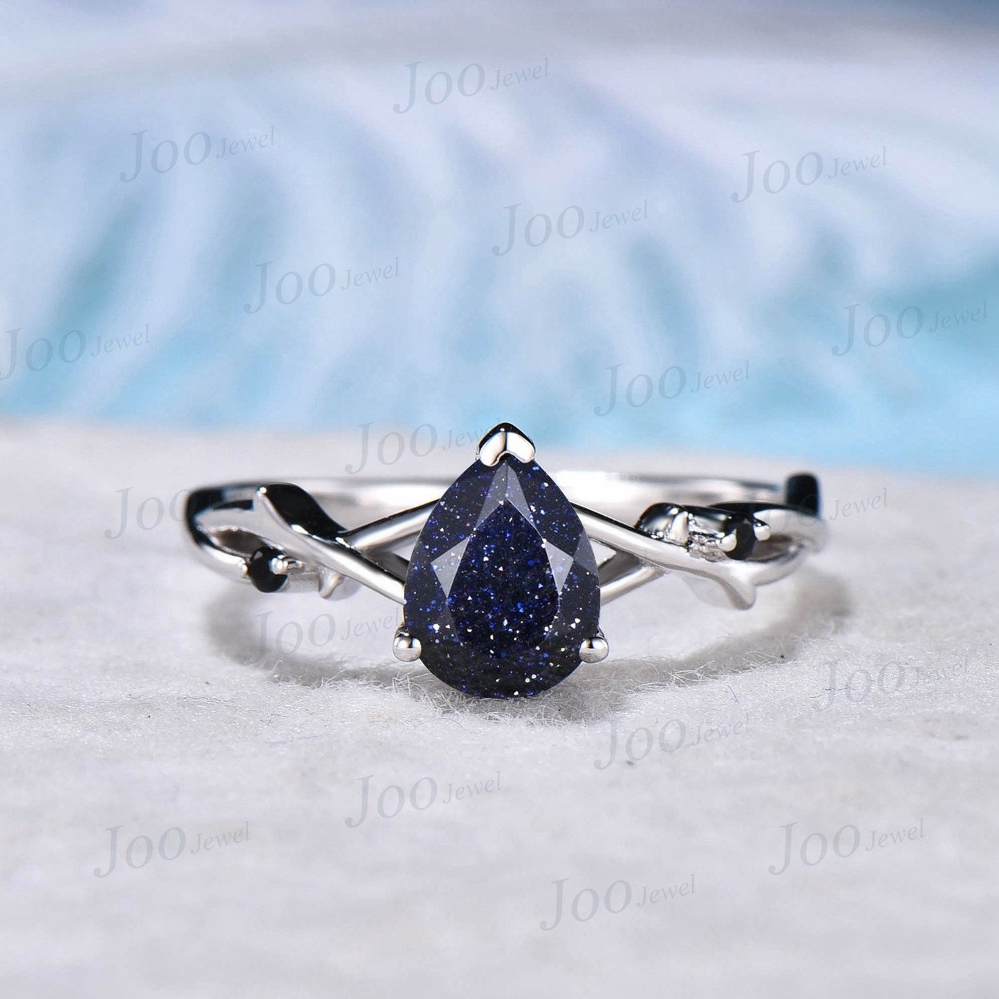 1.25CT Twig Vine Blue Sandstone Ring Set 10K White Gold Starry Sky Black Gemstone Ring Nature Inspired Jewelry Unique Wedding/Promise Gift