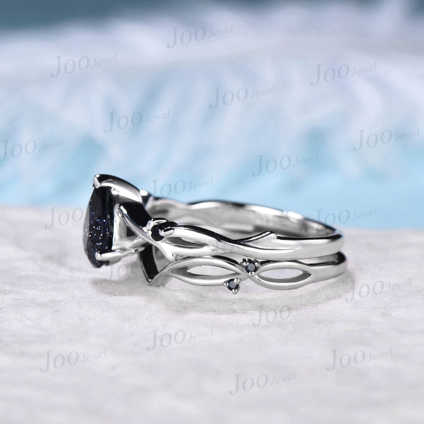 1.25CT Twig Vine Blue Sandstone Ring Set 10K White Gold Starry Sky Black Gemstone Ring Nature Inspired Jewelry Unique Wedding/Promise Gift
