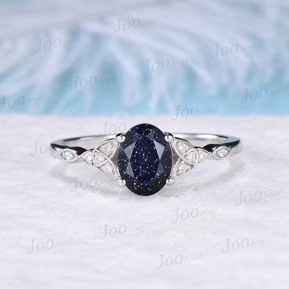 1.5ct Oval Cut Galaxy Blue Sandstone Celtic Engagement Ring Blue Gemstone Jewelry Trinity Knot Wedding Ring Moissanite Irish Amulet Jewelry