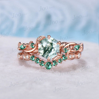 1ct Branch Leaves Natural Moss Agate Ring Set Nature Inspired Moss Agate Ring Set Unique Emerald Leaf Engagement Ring Handmade Propose Gifts