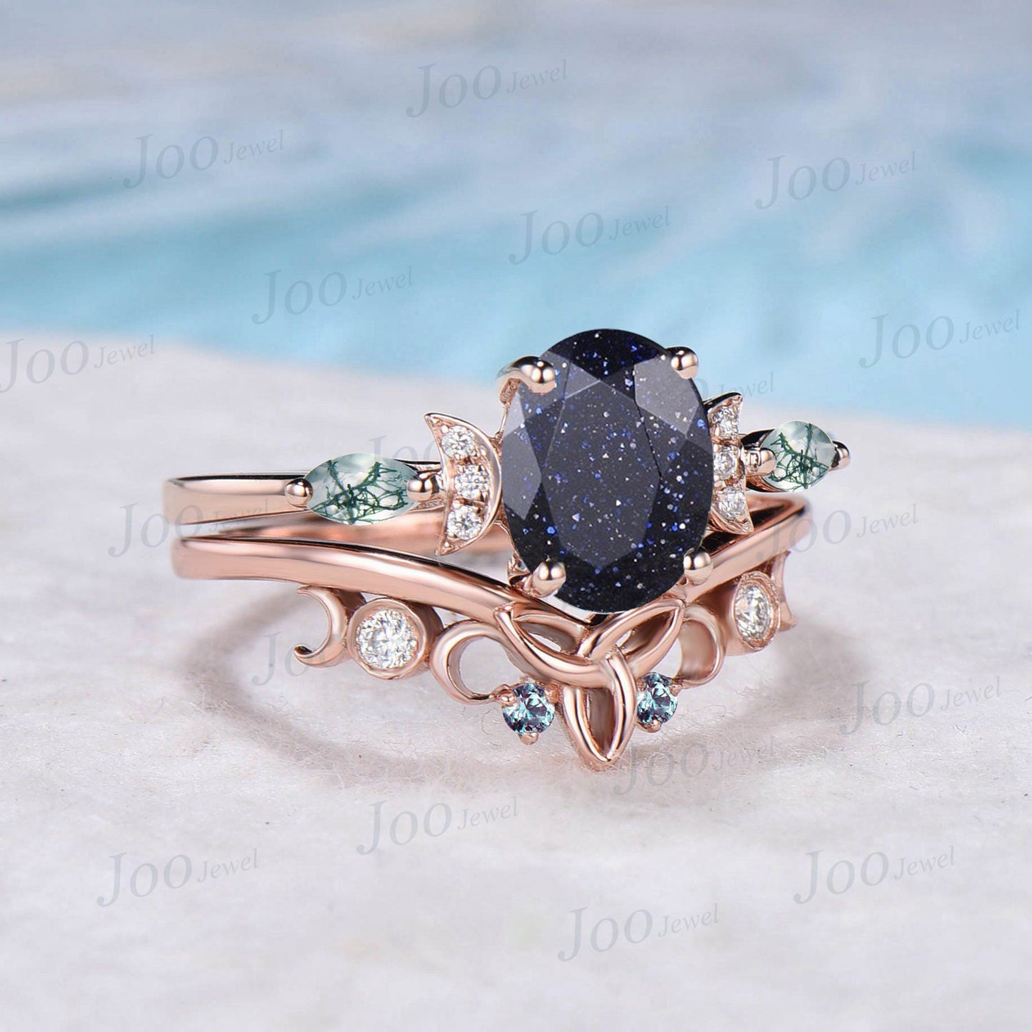 1.5ct Oval Galaxy Blue Sandstone Celestial Engagement Ring Triple Moon Alexandrite Band Rose Gold Moss Agate Blue Goldstone Moon Phase Ring