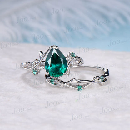 1.25ct Nature Inspired Emerald Engagement Ring Set Pear Emerald Twig Ring Sterling Silver Green Wedding Ring May Birthstone Anniversary Gift