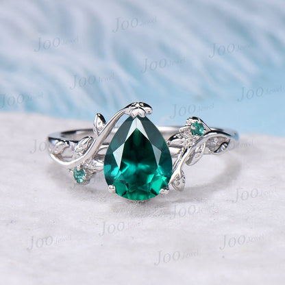 1.25ct Nature Inspired Emerald Engagement Ring Set Pear Emerald Twig Ring Sterling Silver Green Wedding Ring May Birthstone Anniversary Gift
