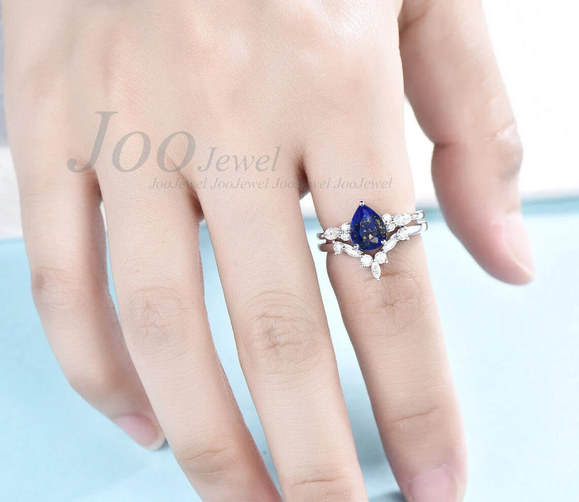 1.25ct Teardrop Natural Blue Lapis Lazuli Engagement Ring Set Sterling Silver Lapis Gold Bridal Set Blue Gemstone Lapis Jewelry Promise Ring