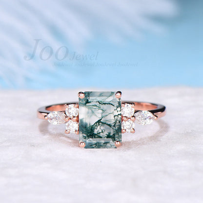 2ct Emerald Cut Natural Moss Agate Ring Antique Aquatic Agate Stone Ring Sterling Silver Hypoallergenic Cluster Green Wedding Promise Ring