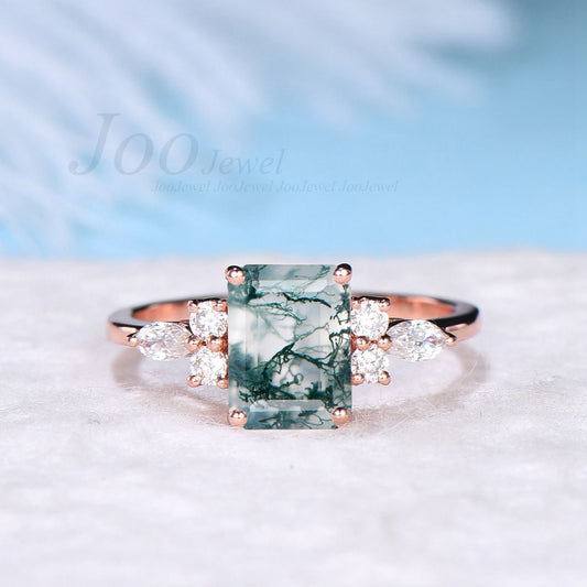 2ct Emerald Cut Natural Moss Agate Ring Antique Aquatic Agate Stone Ring Sterling Silver Hypoallergenic Cluster Green Wedding Promise Ring