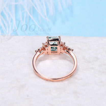 2ct Emerald Cut Natural Moss Agate Ring Antique Aquatic Agate Stone Ring Sterling Silver Hypoallergenic Cluster Green Wedding Promise Ring