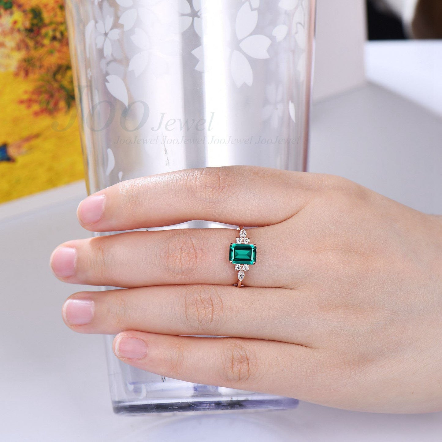 Sterling Silver Dainty 2ct Emerald Cut Green Emerald Promise Ring Vintage Green Gemstone May Birthstone Unique Birthday/Anniversary Gifts