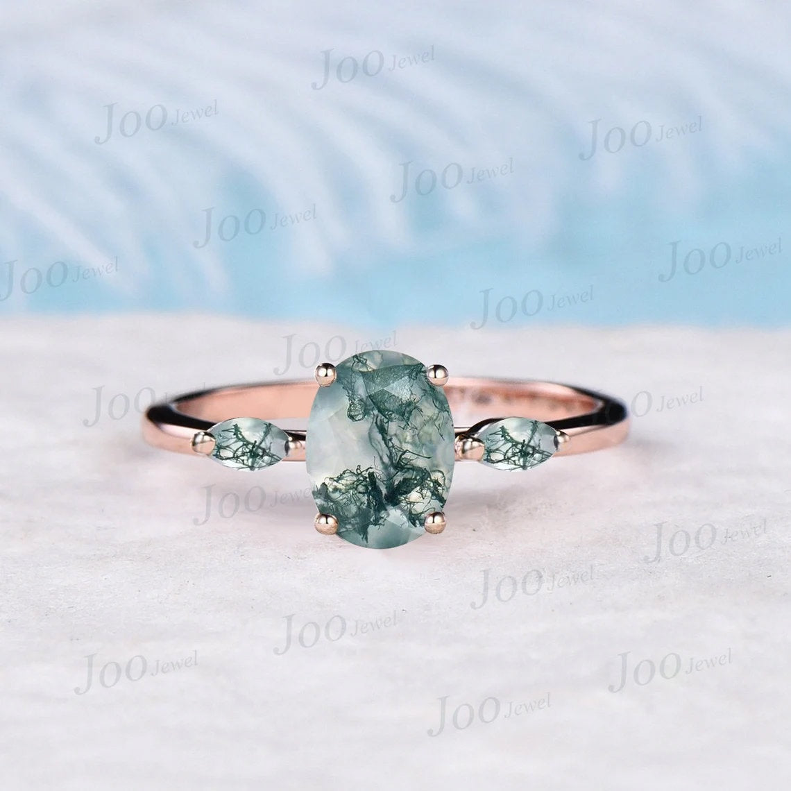 1.5ct Oval Natural Moss Agate Engagement Ring 10K/14K/18K Rose Gold Three Stone Aquatic Agate Promise Ring Marquise Moss Agate Wedding Ring
