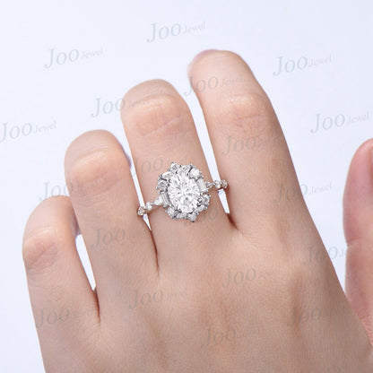 Oval Wedding Ring Unique Moissanite Half Eternity Engagement Ring 10K White Gold April Birthstone Moissanite Diamond Halo Ring Promise Gift