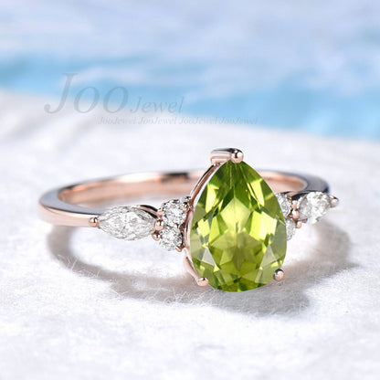 1.25ct Pear Natural Peridot Ring Sterling Silver Green Engagement Ring August Birthstone Wedding Ring Personalized Anniversary/Birthday Gift