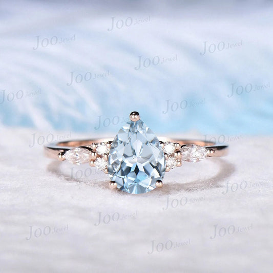 1.25ct Pear Cut Natural Rose Gold Aquamarine Engagement Ring Vintage March Birthstone Birthday Gift Blue Stone Ring Moissanite Wedding Ring