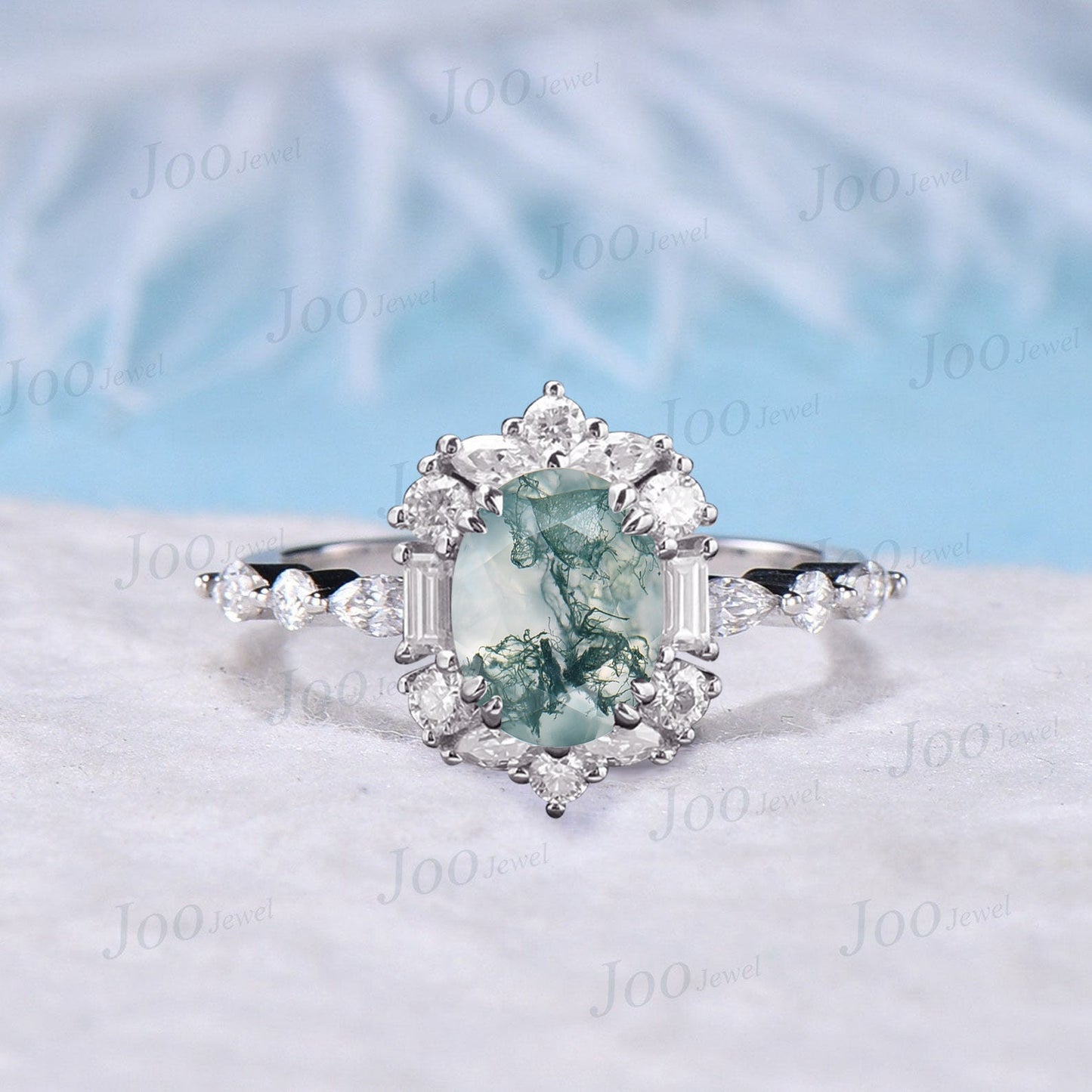 Oval Cut Natural Moss Agate Halo Engagement Rings 14k White Gold Cluster Aquatic Agate Promise Ring Half Eternity Moissanite Wedding Ring