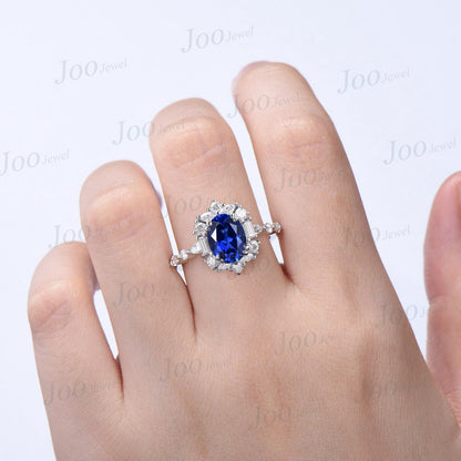 1.5ct Oval Blue Sapphire Ring 10K White Gold Halo Moissanite Blue Sapphire Engagement Ring Luxury Wedding Ring September Birthstone Gifts