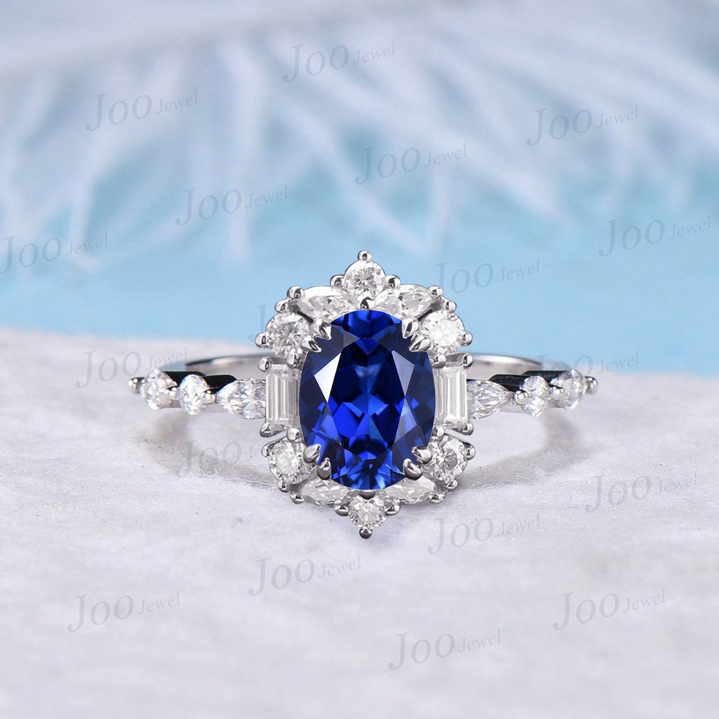 1.5ct Oval Blue Sapphire Ring 10K White Gold Halo Moissanite Blue Sapphire Engagement Ring Luxury Wedding Ring September Birthstone Gifts