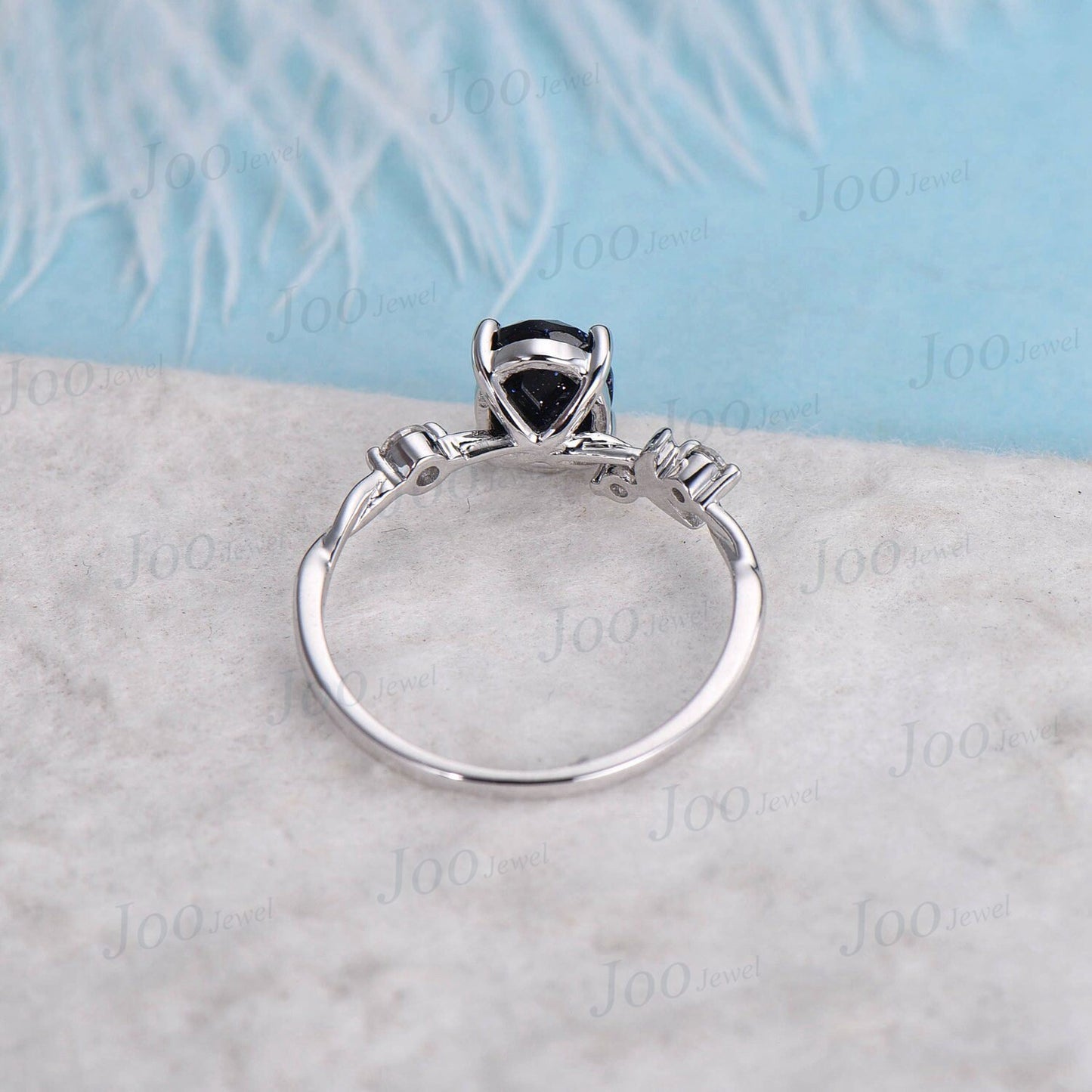 Moon Engagement Ring Vintage 14K Rose Gold Crescent Moon Goddess Ring Galaxy Starry Sky Blue Sandstone Ring Diamond Celestial Wedding Ring