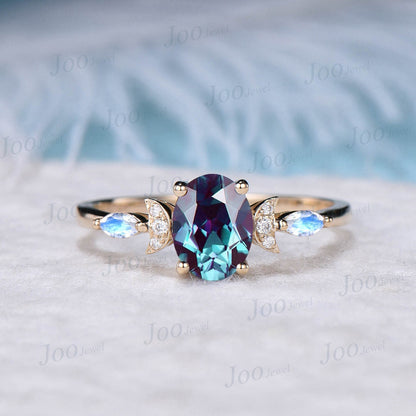 Triple Moon Engagement Ring Unique 10K/14K/18K Rose Gold 1.5ct Oval Cut Alexandrite Promise Ring Moonstone Celestial Guardian Wedding Ring