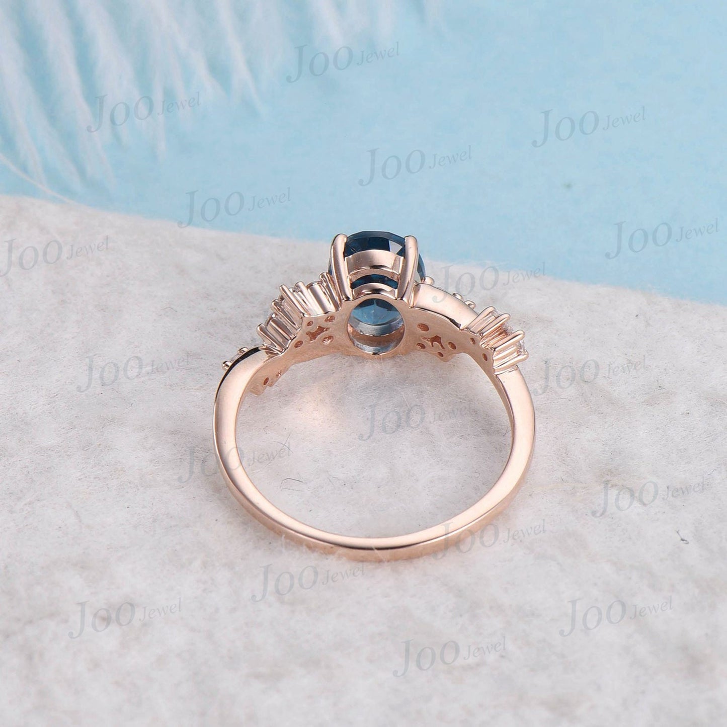 Natural London Blue Topaz Ring 1.5ct Oval Snowdrift Engagement Ring Rose Gold Topaz Cluster  Blue Wedding Ring Vintage Anniversary Ring Gift