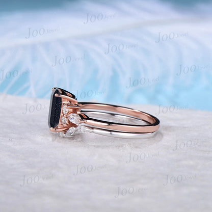 2ct Emerald Cut Galaxy Blue Sandstone Ring Set 10K Rose Gold Blue Gemstone Jewelry Pear Moissanite Curve Band Personalized Promise Gifts