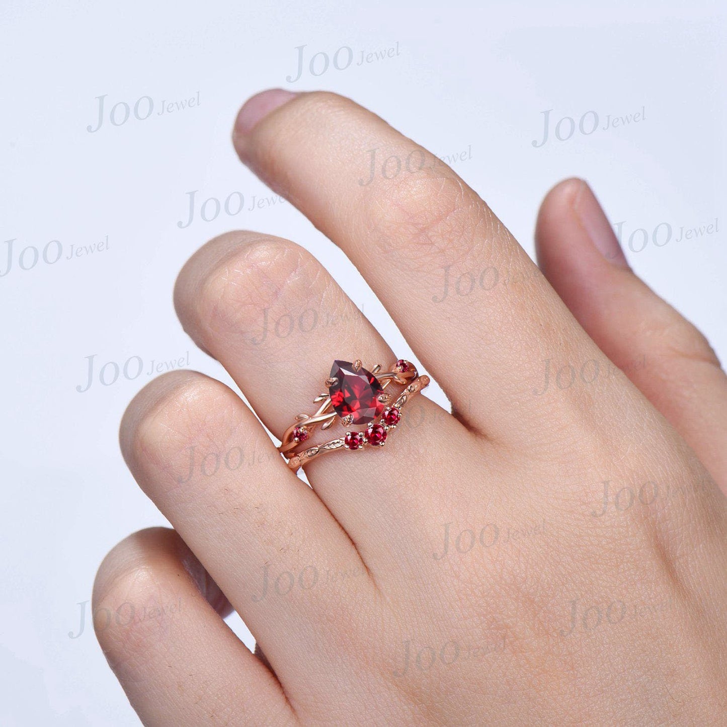 Nature Inspired Vine Twist Pear Red Ruby Ring Set Rose Gold Red Gemstone Engagement Ring Set July Birthstone Bridal Set Unique Promise Gift